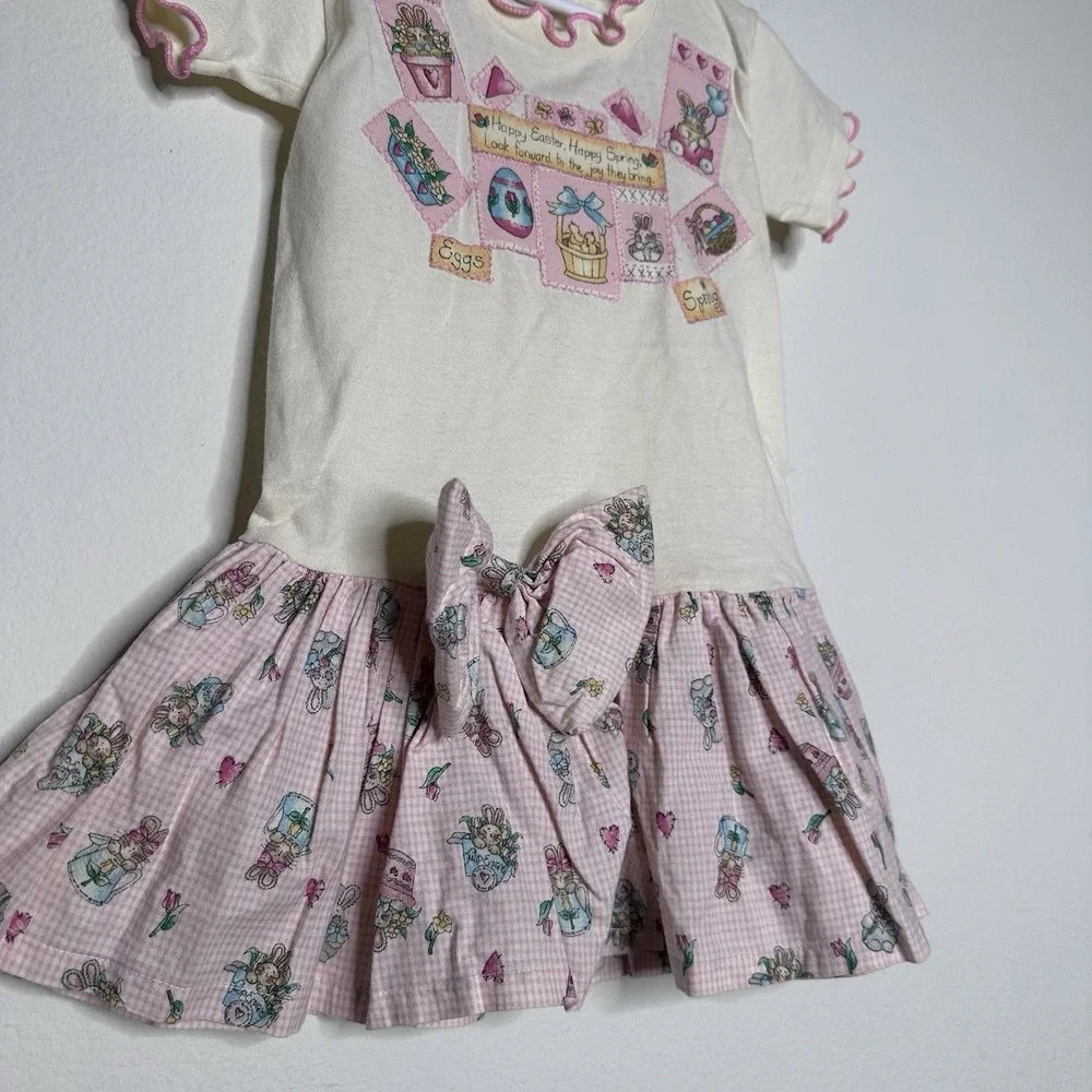 Vintage 90s Girls Easter Outfit Dress Size 2-4 Years Bunny Pink Gingham USA Rare